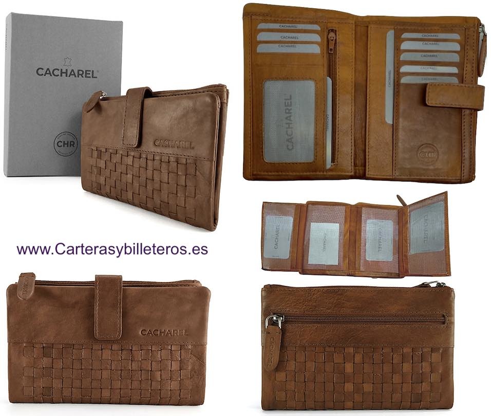 CARTERA CACHAREL DE MUJER GRANDE DE PIEL CON ADORNO ARTESANAL 