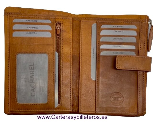 CARTERA CACHAREL DE MUJER GRANDE DE PIEL CON ADORNO ARTESANAL 