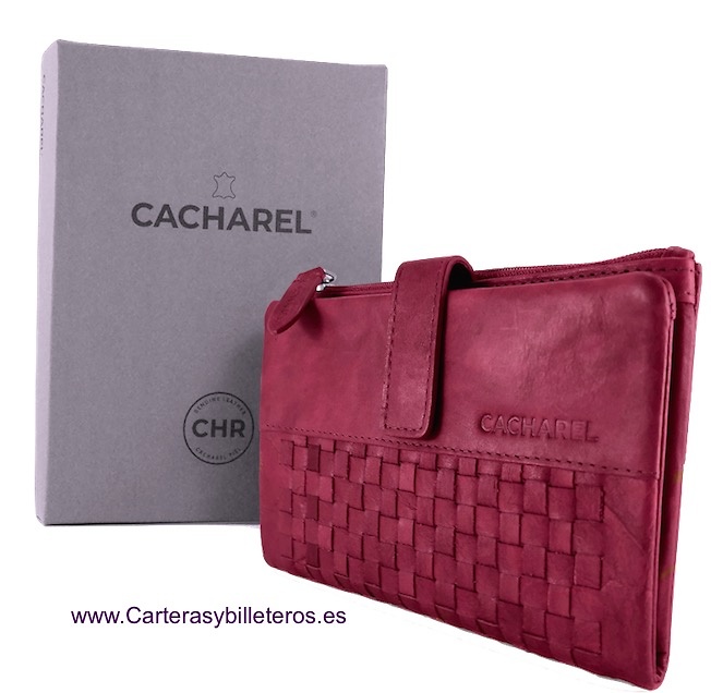 CARTERA CACHAREL DE MUJER GRANDE DE PIEL CON ADORNO ARTESANAL 