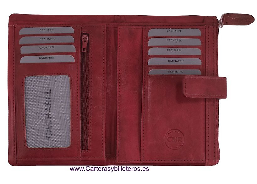 CARTERA CACHAREL DE MUJER GRANDE DE PIEL CON ADORNO ARTESANAL 