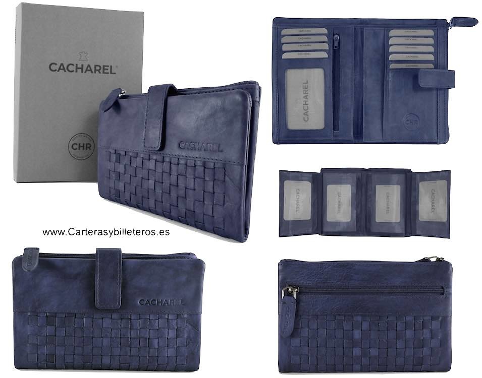 CARTERA CACHAREL DE MUJER GRANDE DE PIEL CON ADORNO ARTESANAL 