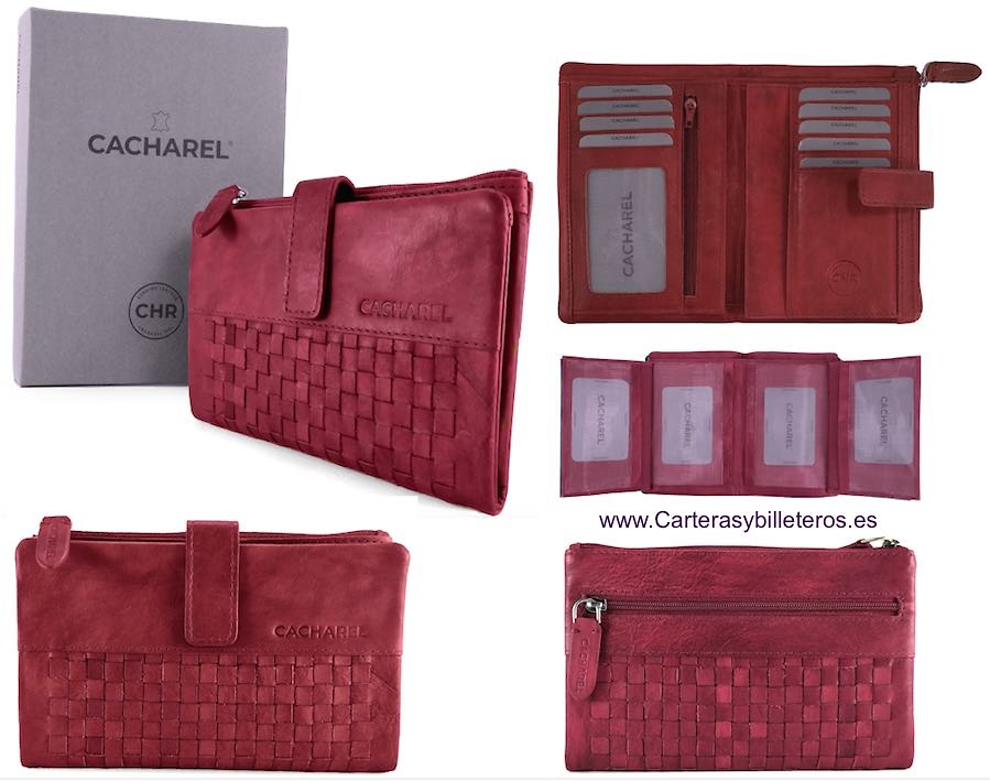 CARTERA CACHAREL DE MUJER GRANDE DE PIEL CON ADORNO ARTESANAL 