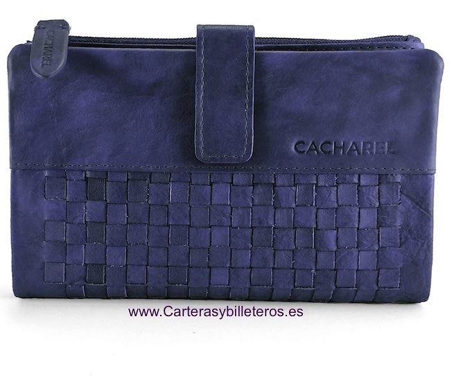 CARTERA CACHAREL DE MUJER GRANDE DE PIEL CON ADORNO ARTESANAL 