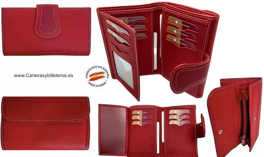 CARTERA DE MUJER DE PIEL UBRIQUE CON MONEDERO CREMALLERA ROJA 