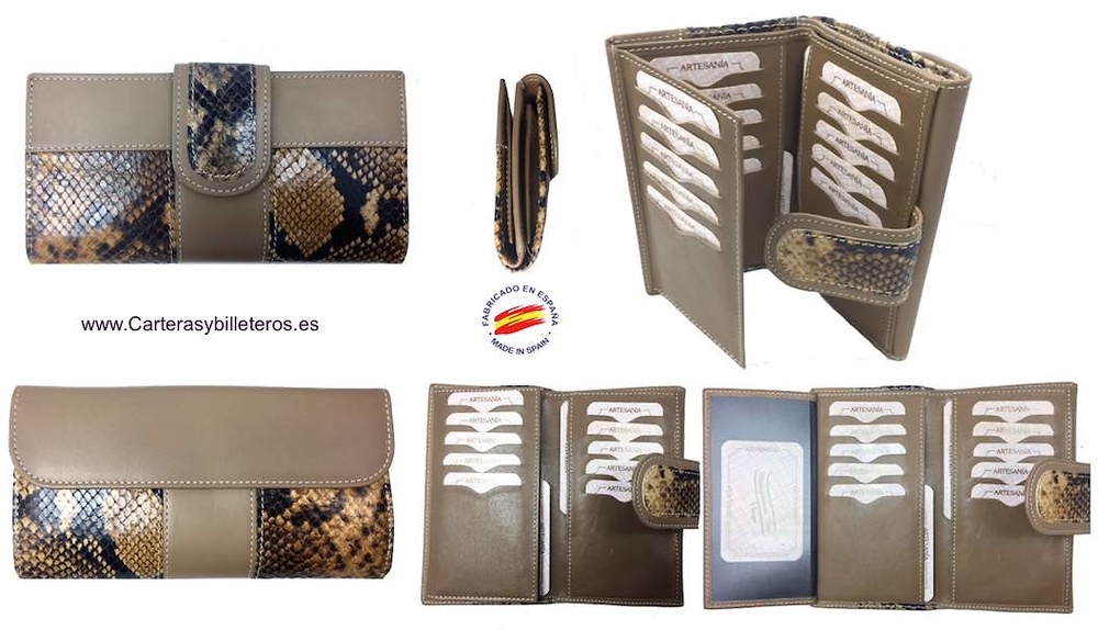 CARTERA DE PIEL DE SERPIENTE y PIEL UBRIQUE DE MUJER 15 TARJETAS MEDIANA 