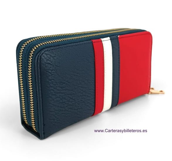 CARTERA DOBLE GRANDE DE MUJER AZUL ROJA BLANCO CON CREMALLERA DORADA 