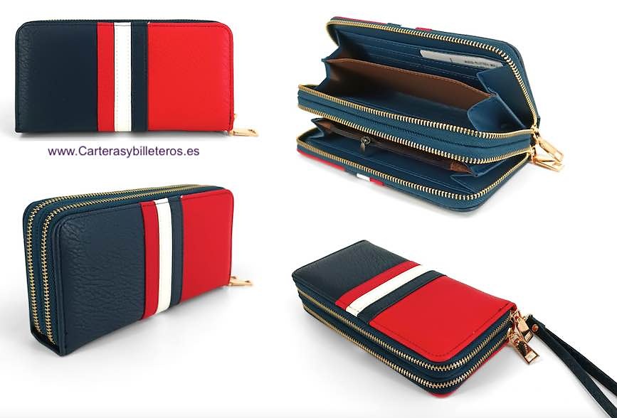 CARTERA DOBLE GRANDE DE MUJER AZUL ROJA BLANCO CON CREMALLERA DORADA 