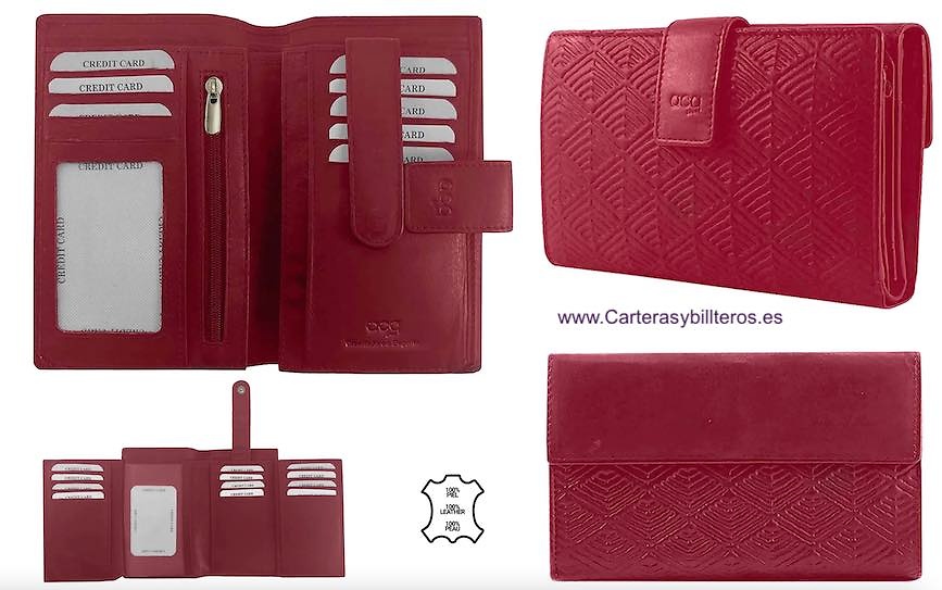 CARTERA GRANDE DE MUJER DE PIEL GRABADA CON DIBUJO ÉTNICO SELVÁTICO 