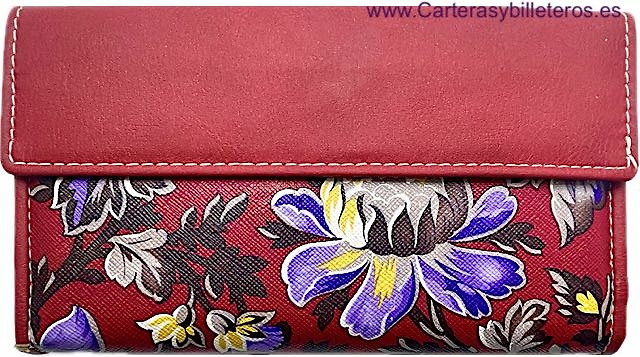 CARTERA GRANDE DE MUJER DE PIEL ROJA FLOREADA CON AMPLIO TARJETERO MONEDERO 