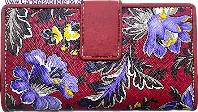 CARTERA GRANDE DE MUJER DE PIEL ROJA FLOREADA CON AMPLIO TARJETERO MONEDERO 