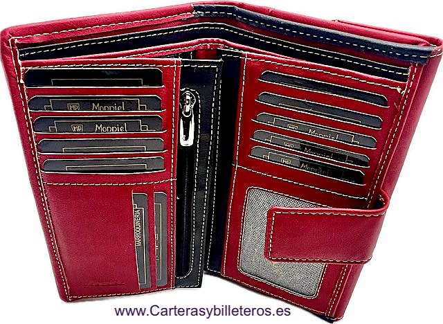 CARTERA GRANDE DE MUJER DE PIEL ROJA FLOREADA CON AMPLIO TARJETERO MONEDERO 