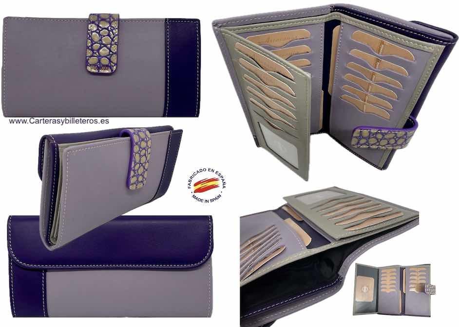 CARTERA GRANDE DE MUJER DE PIEL UBRIQUE LILA CON ADORNO MORADO 