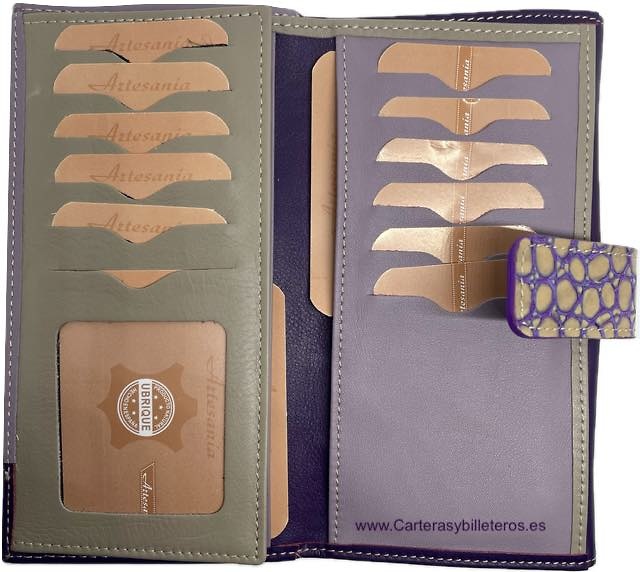 CARTERA GRANDE DE MUJER DE PIEL UBRIQUE LILA CON ADORNO MORADO 