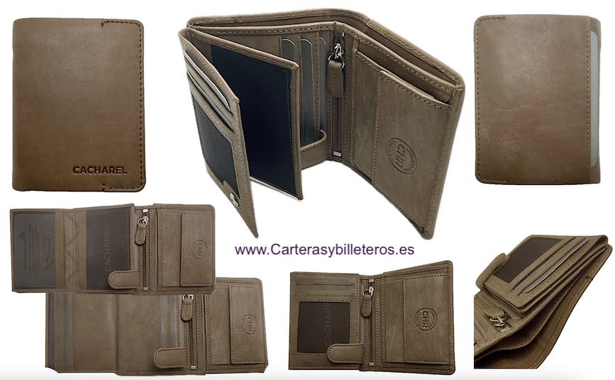 CARTERA HOMBRE CON BILLETERA DOBLE MONEDERO DE CACHAREL EN CUERO 