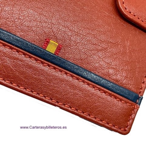 CARTERA HOMBRE CON MONEDERO BILLETERO DE PIEL SIENA CON BANDERA DE ESPAÑA 