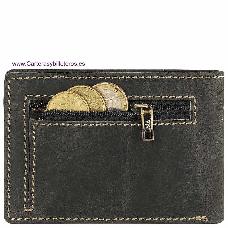 CARTERA LOIS DE PIEL VACUNO JEANS CON LA MARCA GRABADA Y MONEDERO EXTERIOR 