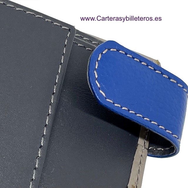 CARTERA MONEDERO BILLETERO DE PIEL CON CIERRE EXTERIOR AZUL Y GRIS CON TRAMA DE CUADROS 