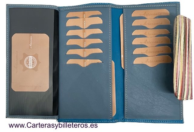 CARTERA MONEDERO GRANDE DE MUJER DE PIEL UBRIQUE AZUL CON CIERRE DE COLORES 