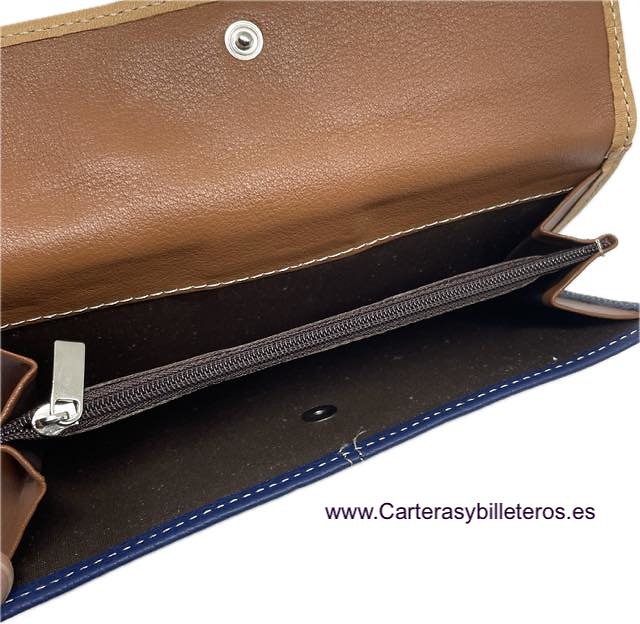 CARTERA MONEDERO GRANDE DE MUJER DE PIEL UBRIQUE AZUL MARINO Y CUERO 