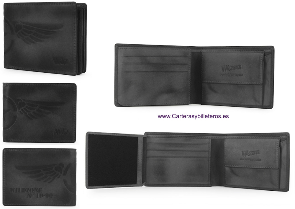 CARTERA MONEDERO HOMBRE PIEL GRABADA A RELIEVE 