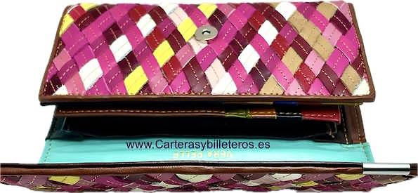 CARTERA MONEDERO MUY GRANDE DE MUJER CON TARJETERO BILLETERA DE CINTAS DE PIEL DE COLORES 