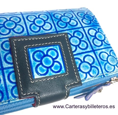 CARTERA MUJER DE PIEL CON 2 MONEDEROS -3 COLORES- AZUL 