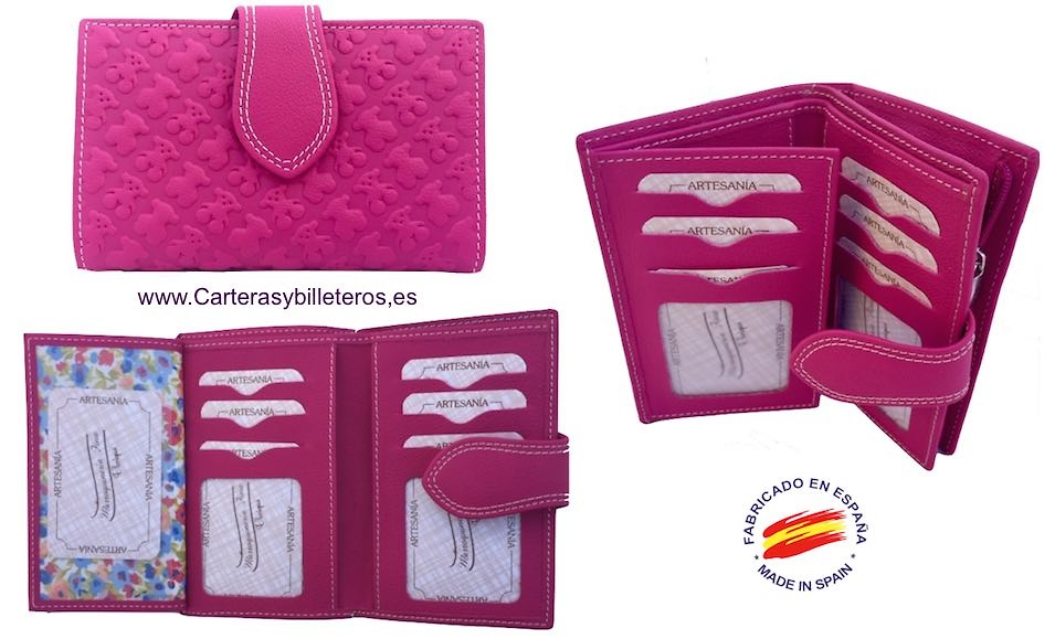 CARTERA MUJER DE PIEL DE UBRIQUE ADORNO DE OSOS ROSA 