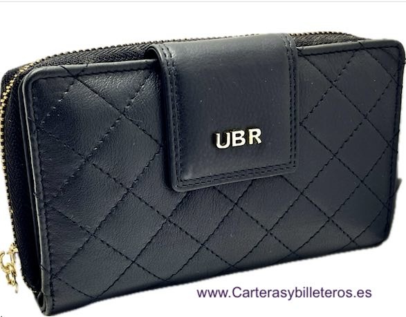 CARTERA MUJER DE PIEL UBRIQUE ACOLCHADA CON MONEDERO CREMALLERA DORADA -3 COLORES- 