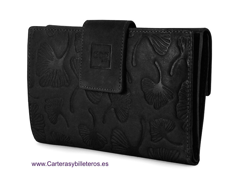 CARTERA MUJER GRANDE DE PIEL CON MOTIVOS VEGETALES MODERNISTAS GRABADOS 