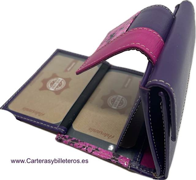 CARTERA MUJER PEQUEÑA MUY COMPLETA EN PIEL DE UBRIQUE ROSA Y MORADA 