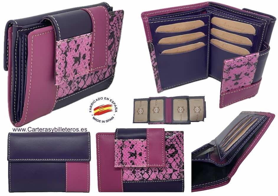 CARTERA MUJER PEQUEÑA MUY COMPLETA EN PIEL DE UBRIQUE ROSA Y MORADA 