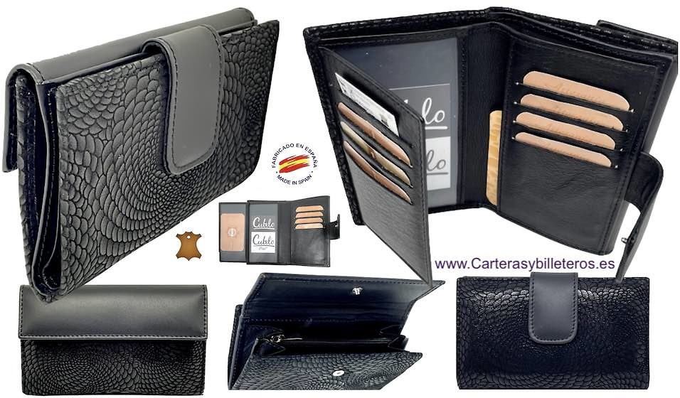 CARTERA PARA MUJER DE PIEL UBRIQUE NEGRA Y NOBUCK FANTASIA DE SERPIENTE EXTRA SUAVE 