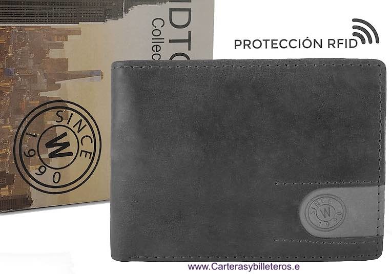 CARTERA TARJETERO DE PIEL A DOS TONOS CON MONEDERO HORIZONTAL y RFID Sistema de seguridad 