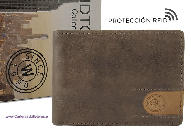 CARTERA TARJETERO DE PIEL A DOS TONOS CON MONEDERO HORIZONTAL y RFID Sistema de seguridad 