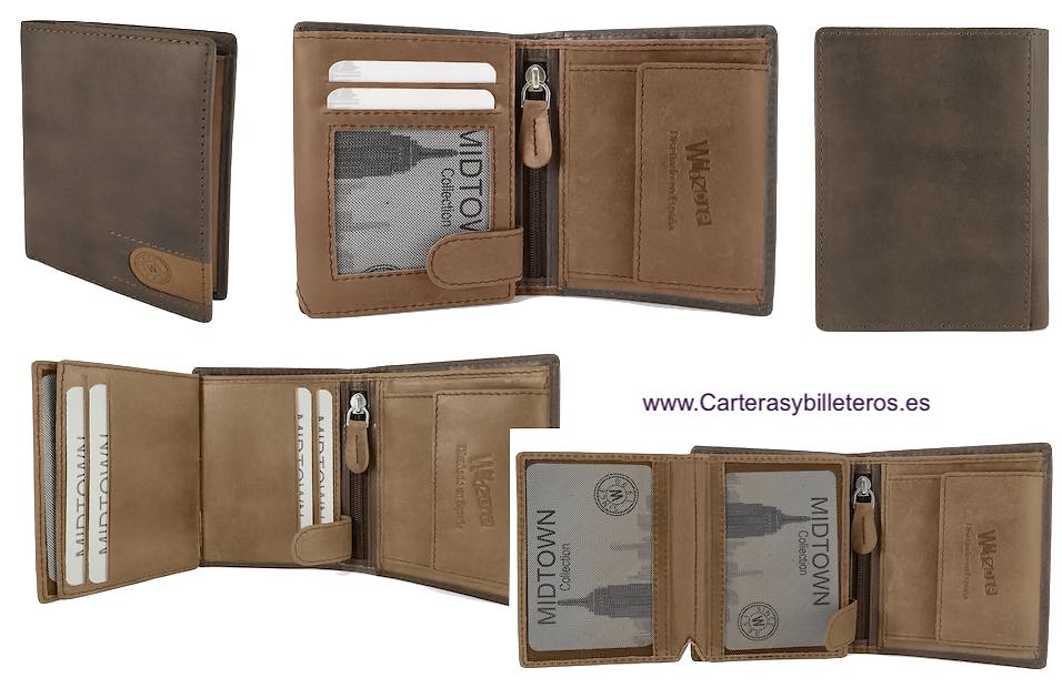 Carteras-hombre-de-piel-a-dos tonos-marron-y-cuero-con-monederoy-RFID 