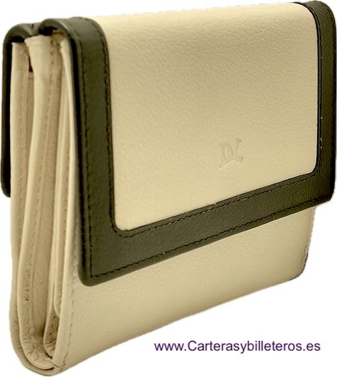 ELEGANTE CARTERA DE MUJER CON MONEDERO BILLETERA Y TARJETERO TODO EN PIEL BEIGE Y NEGRO 