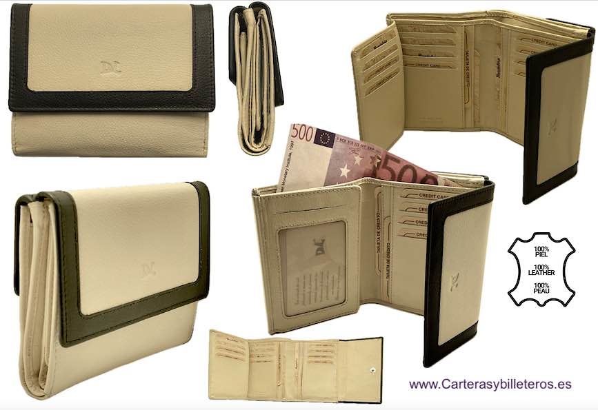 ELEGANTE CARTERA DE MUJER CON MONEDERO BILLETERA Y TARJETERO TODO EN PIEL BEIGE Y NEGRO 