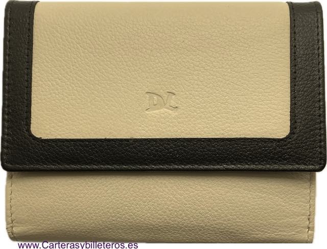 ELEGANTE CARTERA DE MUJER CON MONEDERO BILLETERA Y TARJETERO TODO EN PIEL BEIGE Y NEGRO 