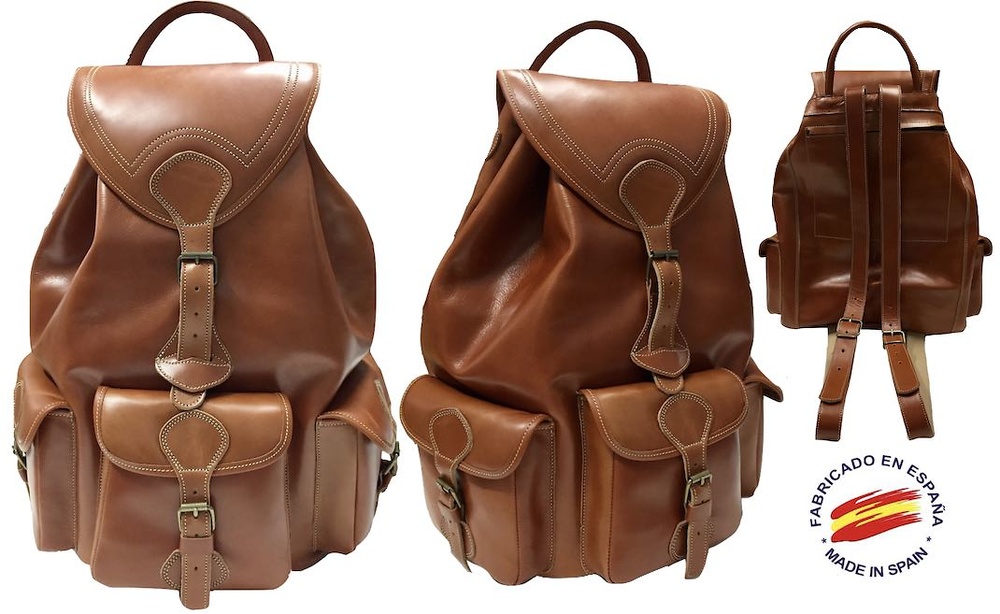 MOCHILA DE CUERO LUXURY MUY GRANDE CON 4 BOLSILLOS HECHA EN ESPAÑA DE FORMA ARTESANAL Y CORREAS DE CIERRE EN LOS BOLSILLOS 