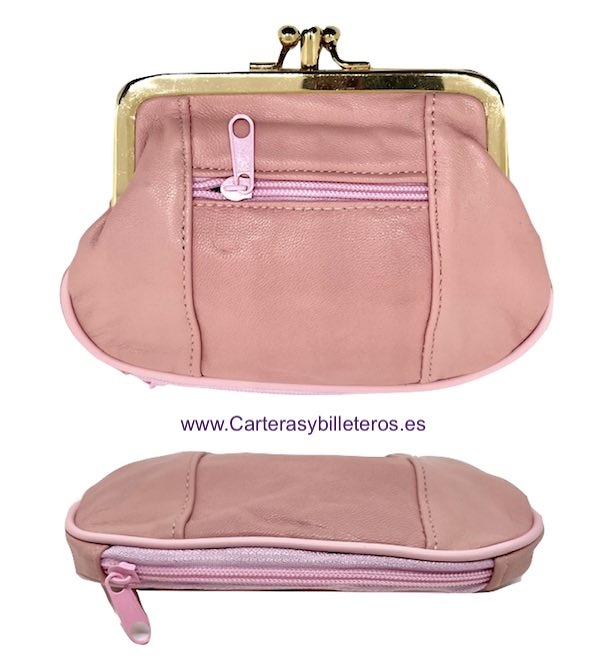 MONEDERO MUJER DE PIEL CON BOQUILLA DOBLE Y BOLSILLO MEDIANO -25 COLORES- 