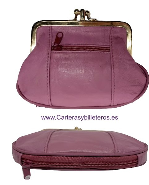 MONEDERO MUJER DE PIEL CON BOQUILLA DOBLE Y BOLSILLO MEDIANO -25 COLORES- 