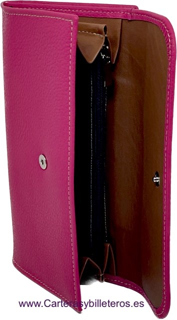 GRAND PORTEFEUILLE EN CUIR FUCHSIA UBRIQUE POUR FEMME AVEC FERMETURE EN CUIR BRODÉ 