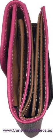 GRAND PORTEFEUILLE EN CUIR FUCHSIA UBRIQUE POUR FEMME AVEC FERMETURE EN CUIR BRODÉ 