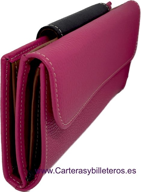 GRAND PORTEFEUILLE EN CUIR FUCHSIA UBRIQUE POUR FEMME AVEC FERMETURE EN CUIR BRODÉ 