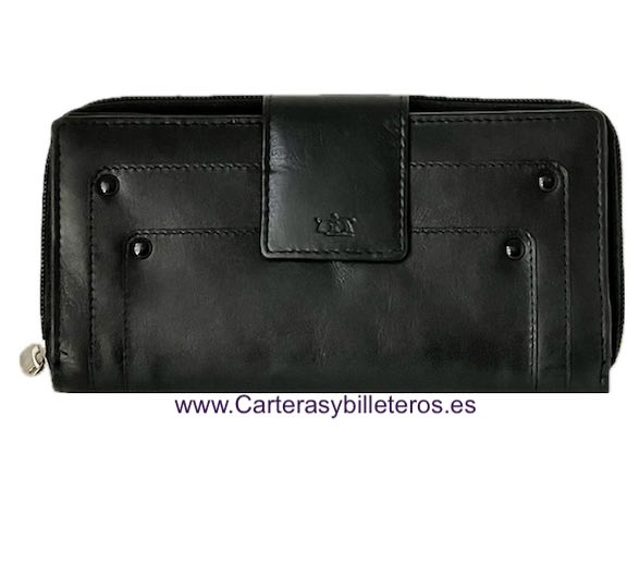 GRAND PORTEFEUILLE ENVELOPPE EN CUIR NOIR POUR FEMME 