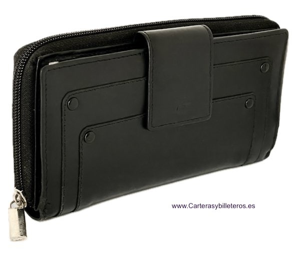 GRAND PORTEFEUILLE ENVELOPPE EN CUIR NOIR POUR FEMME 