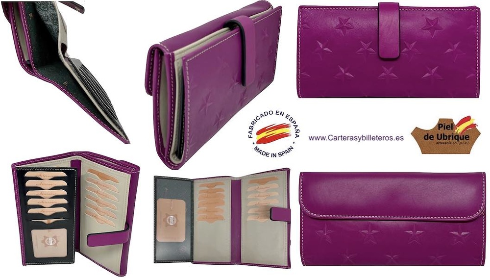 GRAND PORTEFEUILLE FEMME EN CUIR UBRIQUE EXTRA SOUPLE LILAS AVEC ÉTOILES EN RELIEF 