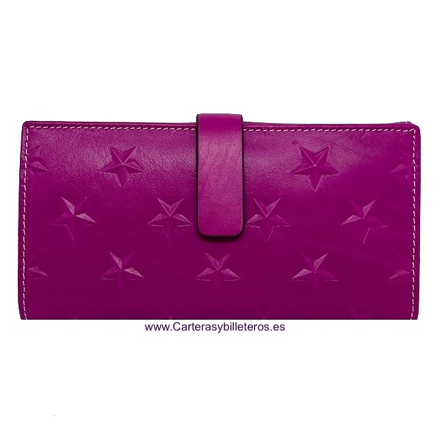 GRAND PORTEFEUILLE FEMME EN CUIR UBRIQUE EXTRA SOUPLE LILAS AVEC ÉTOILES EN RELIEF 