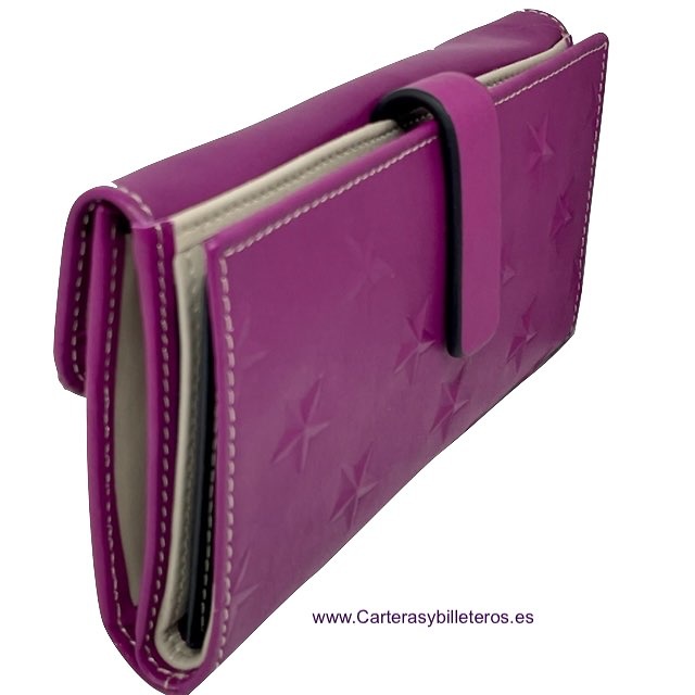 GRAND PORTEFEUILLE FEMME EN CUIR UBRIQUE EXTRA SOUPLE LILAS AVEC ÉTOILES EN RELIEF 