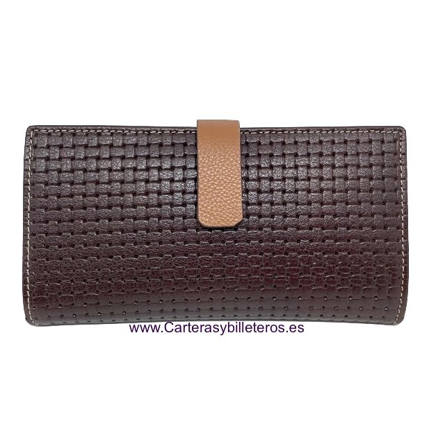 GRAND PORTEFEUILLE FEMME EN CUIR UBRIQUE MARRON TRESSÉ AVEC FERMETURE EN CUIR 